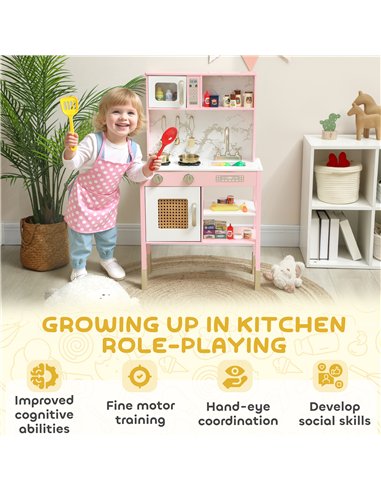AIYAPLAY Kitchen Playset with Pretend Play Cooking Accessories, Play Kitchen with Oven, Microwave and Sink, Pink