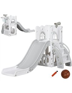 AIYAPLAY 5 in 1 Toddler Slide with Basketball Hoop, Climber, Telescope, Storage Basket, for Ages 1-3 Years, Grey