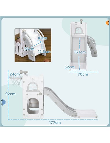 AIYAPLAY 5 in 1 Toddler Slide with Basketball Hoop, Climber, Telescope, Storage Basket, for Ages 1-3 Years, Grey