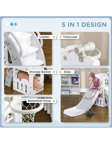 AIYAPLAY 5 in 1 Toddler Slide with Basketball Hoop, Climber, Telescope, Storage Basket, for Ages 1-3 Years, Grey