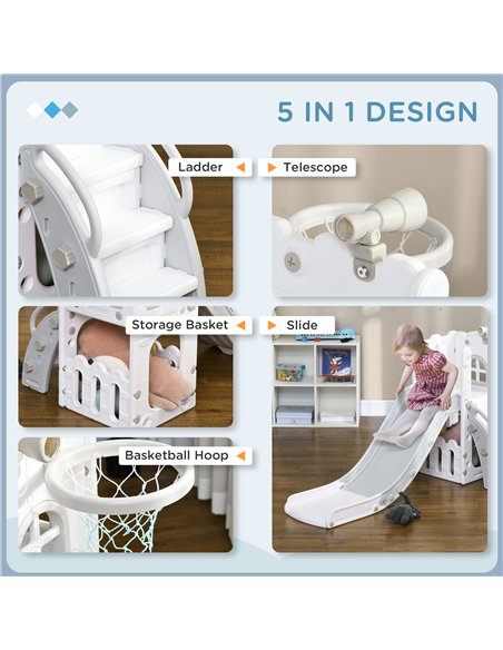 AIYAPLAY 5 in 1 Toddler Slide with Basketball Hoop, Climber, Telescope, Storage Basket, for Ages 1-3 Years, Grey - pic 176292 | FastDaddyshop