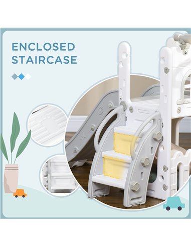 AIYAPLAY 5 in 1 Toddler Slide with Basketball Hoop, Climber, Telescope, Storage Basket, for Ages 1-3 Years, Grey