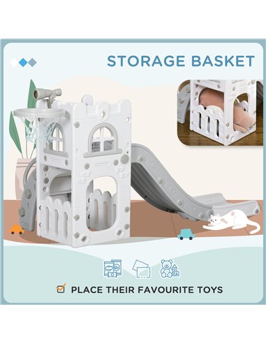 AIYAPLAY 5 in 1 Toddler Slide with Basketball Hoop, Climber, Telescope, Storage Basket, for Ages 1-3 Years, Grey