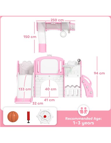 AIYAPLAY 7 in 1 Toddler Slide Set with Basketball Hoop, Climbing Frame, Telescope, Drawing Board, Storage Box, Pink