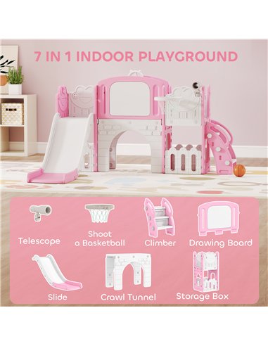AIYAPLAY 7 in 1 Toddler Slide Set with Basketball Hoop, Climbing Frame, Telescope, Drawing Board, Storage Box, Pink