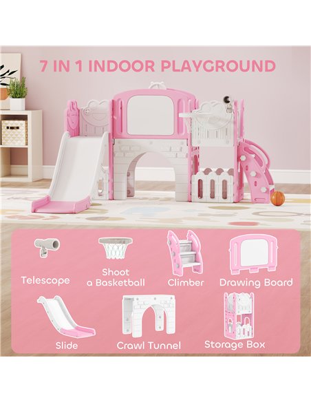 AIYAPLAY 7 in 1 Toddler Slide Set with Basketball Hoop, Climbing Frame, Telescope, Drawing Board, Storage Box, Pink - pic 176346 | FastDaddyshop