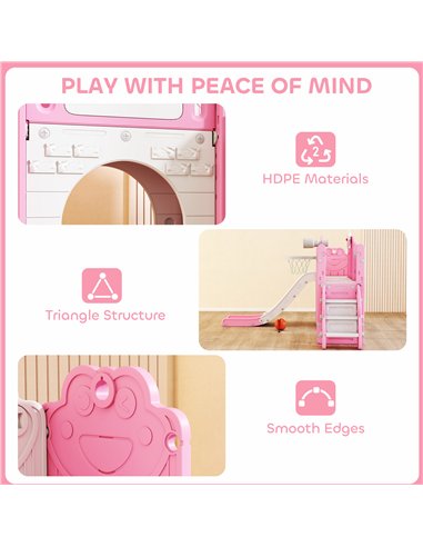 AIYAPLAY 7 in 1 Toddler Slide Set with Basketball Hoop, Climbing Frame, Telescope, Drawing Board, Storage Box, Pink