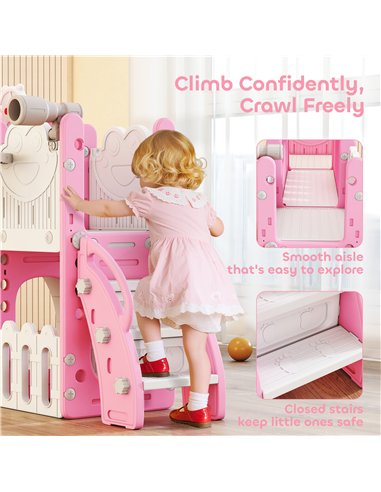 AIYAPLAY 7 in 1 Toddler Slide Set with Basketball Hoop, Climbing Frame, Telescope, Drawing Board, Storage Box, Pink