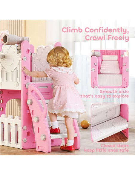 AIYAPLAY 7 in 1 Toddler Slide Set with Basketball Hoop, Climbing Frame, Telescope, Drawing Board, Storage Box, Pink - pic 176349 | FastDaddyshop