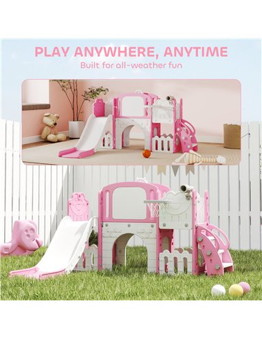AIYAPLAY 7 in 1 Toddler Slide Set with Basketball Hoop, Climbing Frame, Telescope, Drawing Board, Storage Box, Pink
