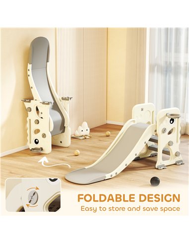 AIYAPLAY 3 in 1 Kids Slide with Climber, Basketball Hoop and Ball, Foldable Indoor Toddler Slide for Ages 2-5, Cream White