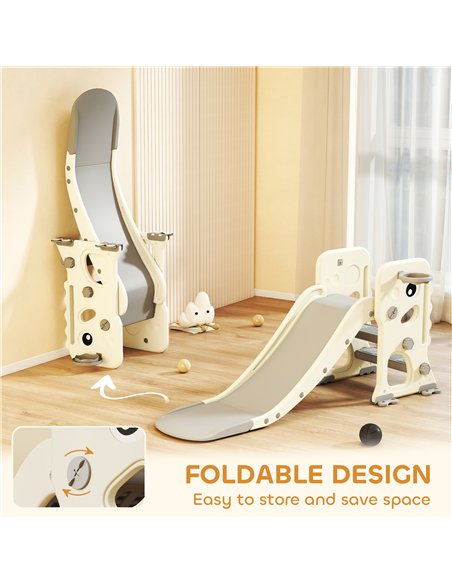 AIYAPLAY 3 in 1 Kids Slide with Climber, Basketball Hoop and Ball, Foldable Indoor Toddler Slide for Ages 2-5, Cream White - pic 176355 | FastDaddyshop