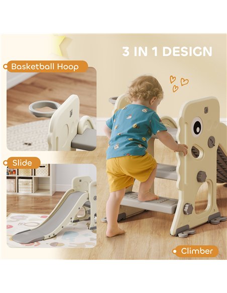 AIYAPLAY 3 in 1 Kids Slide with Climber, Basketball Hoop and Ball, Foldable Indoor Toddler Slide for Ages 2-5, Cream White - pic 176356 | FastDaddyshop