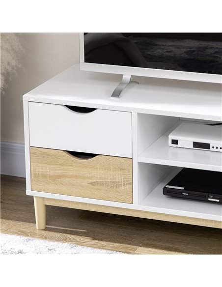 HOMCOM Modern TV Stand Unit for TVs up to 55" with Storage Shelves and Drawers, 120cmx40cmx44.5cm, White and Natural - pic 17636 | FastDaddyshop