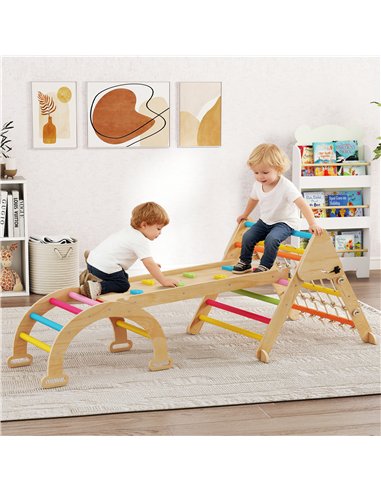 AIYAPLAY 8-in-1 Toddler Climbing Frame, Indoor Play Triangle Set with Slide, Arch and Triangle Ladder, Multicolour