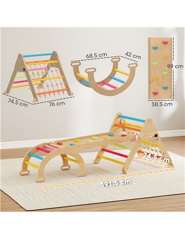 AIYAPLAY 8-in-1 Toddler Climbing Frame, Indoor Play Triangle Set with Slide, Arch and Triangle Ladder, Multicolour