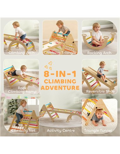 AIYAPLAY 8-in-1 Toddler Climbing Frame, Indoor Play Triangle Set with Slide, Arch and Triangle Ladder, Multicolour