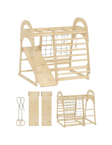 AIYAPLAY 6 in 1 Kids Climbing Frame with Slide, Monkey Bars, Gymnastics Rings, Ladder, Climbing Net, for 3-6 Years, Natural Tone - pic 176379 | FastDaddyshop