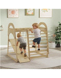AIYAPLAY 6 in 1 Kids Climbing Frame with Slide, Monkey Bars, Gymnastics Rings, Ladder, Climbing Net, for 3-6 Years, Natural Tone 2