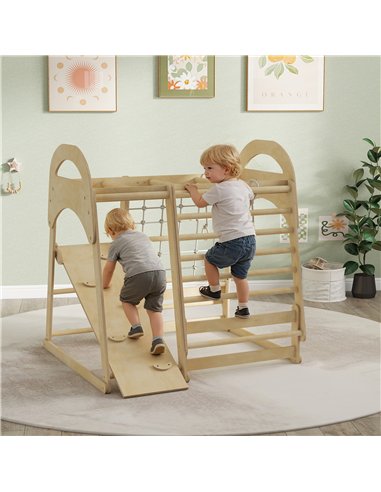 AIYAPLAY 6 in 1 Kids Climbing Frame with Slide, Monkey Bars, Gymnastics Rings, Ladder, Climbing Net, for 3-6 Years, Natural Tone