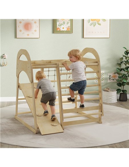 AIYAPLAY 6 in 1 Kids Climbing Frame with Slide, Monkey Bars, Gymnastics Rings, Ladder, Climbing Net, for 3-6 Years, Natural Tone - pic 176380 | FastDaddyshop