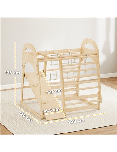 AIYAPLAY 6 in 1 Kids Climbing Frame with Slide, Monkey Bars, Gymnastics Rings, Ladder, Climbing Net, for 3-6 Years, Natural Tone