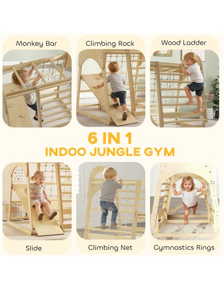 AIYAPLAY 6 in 1 Kids Climbing Frame with Slide, Monkey Bars, Gymnastics Rings, Ladder, Climbing Net, for 3-6 Years, Natural Tone - pic 176382 | FastDaddyshop