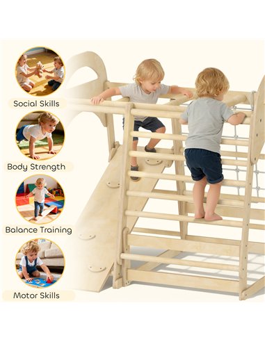 AIYAPLAY 6 in 1 Kids Climbing Frame with Slide, Monkey Bars, Gymnastics Rings, Ladder, Climbing Net, for 3-6 Years, Natural Tone