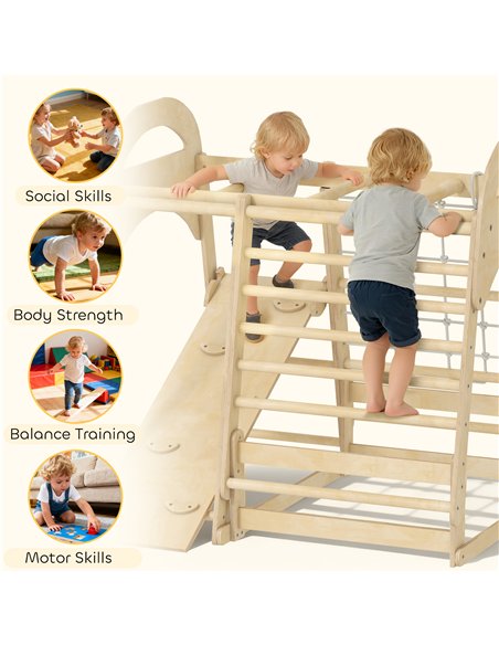 AIYAPLAY 6 in 1 Kids Climbing Frame with Slide, Monkey Bars, Gymnastics Rings, Ladder, Climbing Net, for 3-6 Years, Natural Tone - pic 176383 | FastDaddyshop