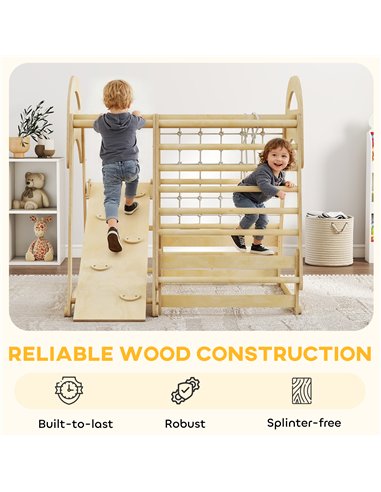AIYAPLAY 6 in 1 Kids Climbing Frame with Slide, Monkey Bars, Gymnastics Rings, Ladder, Climbing Net, for 3-6 Years, Natural Tone
