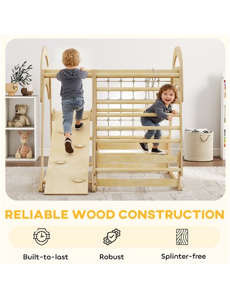 AIYAPLAY 6 in 1 Kids Climbing Frame with Slide, Monkey Bars, Gymnastics Rings, Ladder, Climbing Net, for 3-6 Years, Natural Tone - pic 176384 | FastDaddyshop