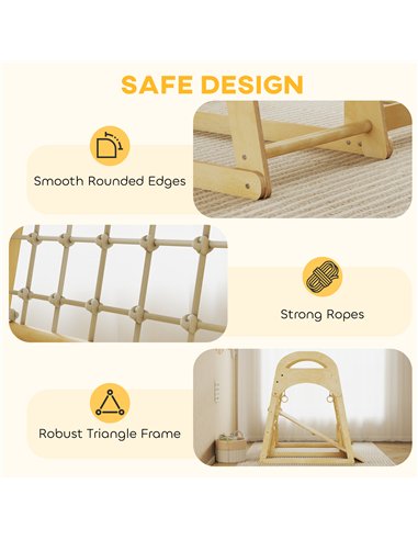 AIYAPLAY 6 in 1 Kids Climbing Frame with Slide, Monkey Bars, Gymnastics Rings, Ladder, Climbing Net, for 3-6 Years, Natural Tone