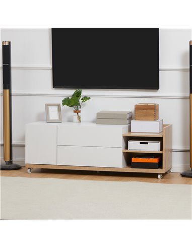 Homcom 1200mm TV Stand with Wheels, Storage Shelves and Drawers, White & Natural
