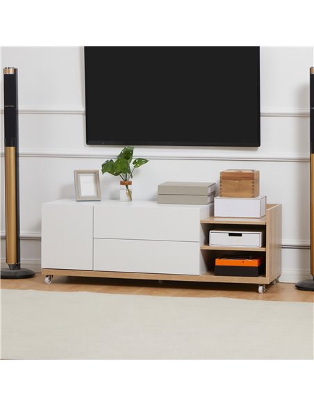 Homcom 1200mm TV Stand with Wheels, Storage Shelves and Drawers, White & Natural - pic 17639 | FastDaddyshop