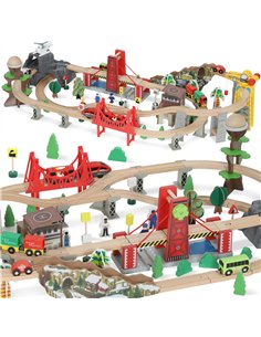 AIYAPLAY 100 Piece Wooden Train Set for Kids 3+ Years with Track, Crane, Battery Operated Train