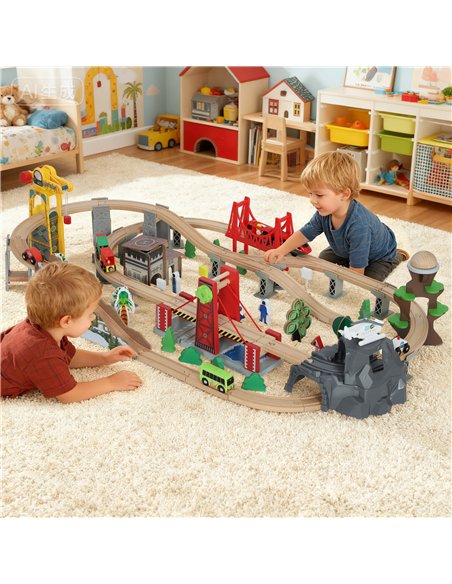 AIYAPLAY 100 Piece Wooden Train Set for Kids 3+ Years with Track, Crane, Battery Operated Train - pic 176398 | FastDaddyshop