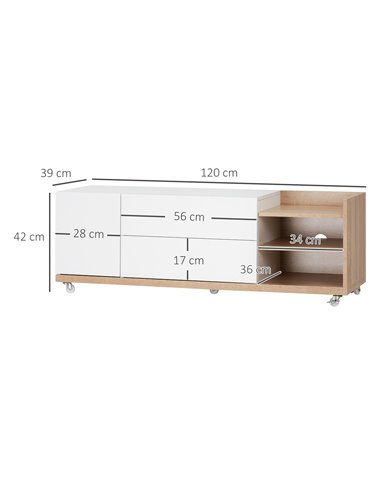 Homcom 1200mm TV Stand with Wheels, Storage Shelves and Drawers, White & Natural