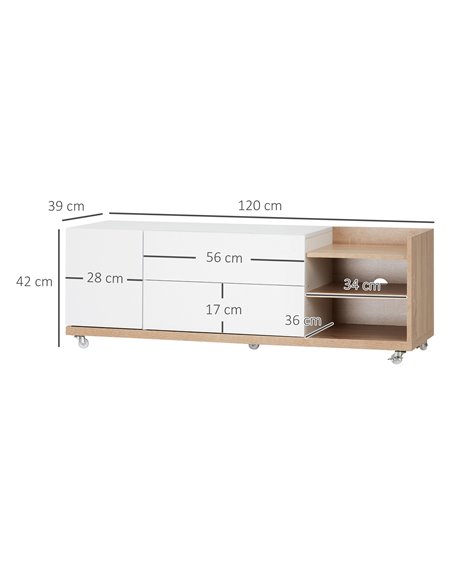Homcom 1200mm TV Stand with Wheels, Storage Shelves and Drawers, White & Natural - pic 17640 | FastDaddyshop