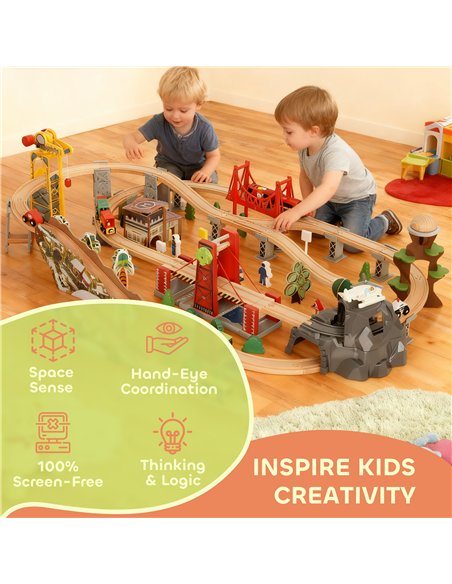 AIYAPLAY 100 Piece Wooden Train Set for Kids 3+ Years with Track, Crane, Battery Operated Train - pic 176400 | FastDaddyshop