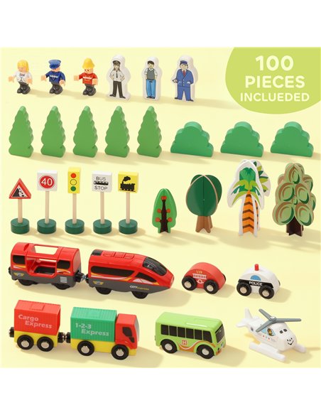 AIYAPLAY 100 Piece Wooden Train Set for Kids 3+ Years with Track, Crane, Battery Operated Train - pic 176401 | FastDaddyshop