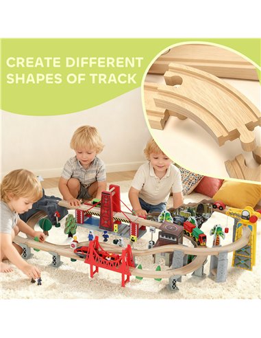 AIYAPLAY 100 Piece Wooden Train Set for Kids 3+ Years with Track, Crane, Battery Operated Train