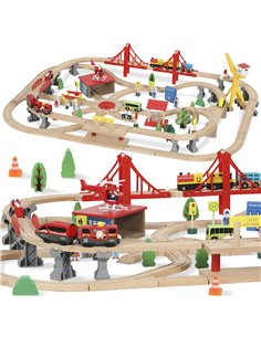 AIYAPLAY 133-Piece Wooden Train Set, Toy Train with Crane, Storage Box, for Kids Ages 3+