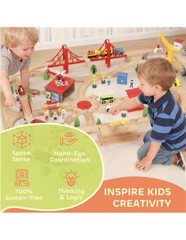 AIYAPLAY 133-Piece Wooden Train Set, Toy Train with Crane, Storage Box, for Kids Ages 3+