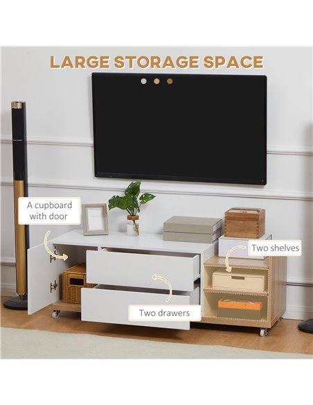 Homcom 1200mm TV Stand with Wheels, Storage Shelves and Drawers, White & Natural - pic 17641 | FastDaddyshop