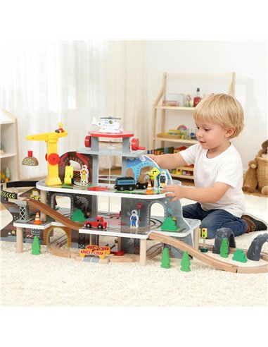 AIYAPLAY 79 Piece Wooden Train Set, Kids Train Track Mine Themed with Crane, Helicopter