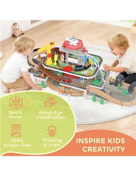 AIYAPLAY 79 Piece Wooden Train Set, Kids Train Track Mine Themed with Crane, Helicopter - pic 176418 | FastDaddyshop