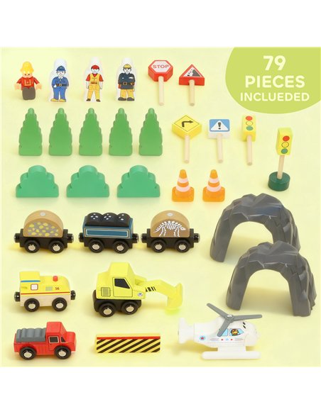 AIYAPLAY 79 Piece Wooden Train Set, Kids Train Track Mine Themed with Crane, Helicopter - pic 176419 | FastDaddyshop