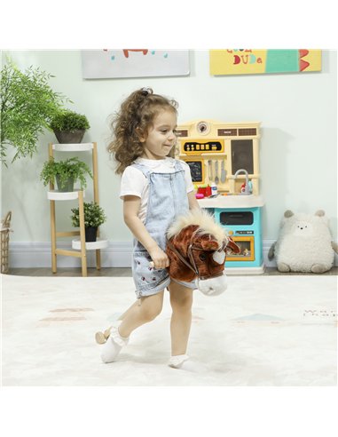 AIYAPLAY Stick Horse with Wood Wheels, Real Pony Neighing and Galloping Sounds, Grip Handle, 95 cm, Brown