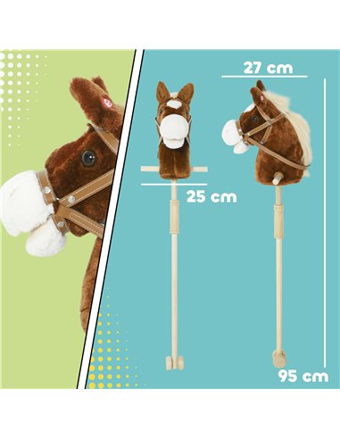 AIYAPLAY Stick Horse with Wood Wheels, Real Pony Neighing and Galloping Sounds, Grip Handle, 95 cm, Brown
