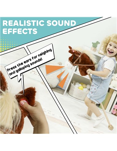 AIYAPLAY Stick Horse with Wood Wheels, Real Pony Neighing and Galloping Sounds, Grip Handle, 95 cm, Brown
